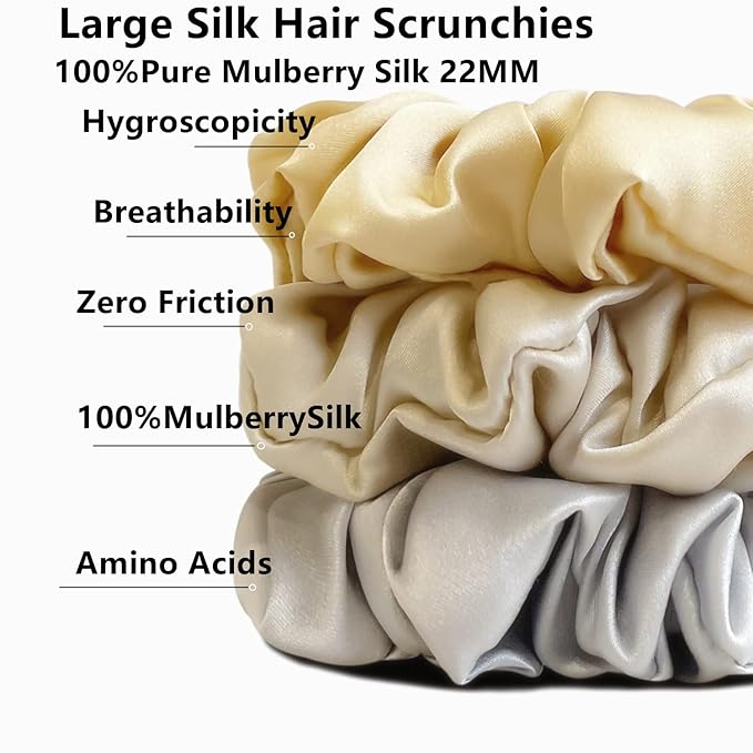 Suncdelv Silk,100% Silk Scrunchies for Hair,22 Momme Hair Ties for Anti-Crease & Breakage,Natural Women Hair Accessories，Fashion Hairbands 3PCS（Grey, gold, khaki））)