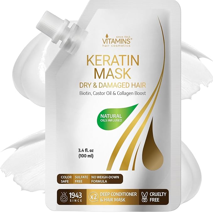 VITAMINS hair cosmetics Keratin Hair Mask - Protein Repair Keratin Treatment - Deep Conditioner for Dry, Damaged, Curly, Straight & Frizzy Hair with Biotin, Collagen & Castor Oil - 3.4 Fl Oz