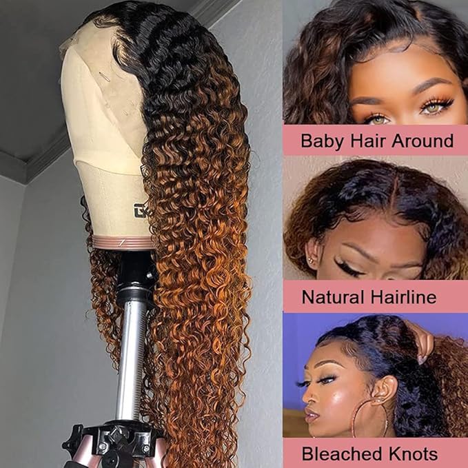 Ombre Brown Lace Front Wigs Human Hair Pre Plucked Curly Wave Brazilian Virgin Hair 13X4 HD Transparent Lace Frontal Wigs with Baby Hair 180% Density 16 Inch