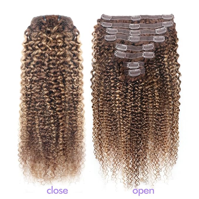 Curly Clip In Hair Extensions Real Human Hair Clip Ins Balayage Chocolate Brown to Caramel Blonde Human Hair Extensions 8Pcs with18clips 120g/Set (20 inch，#4/27/4)
