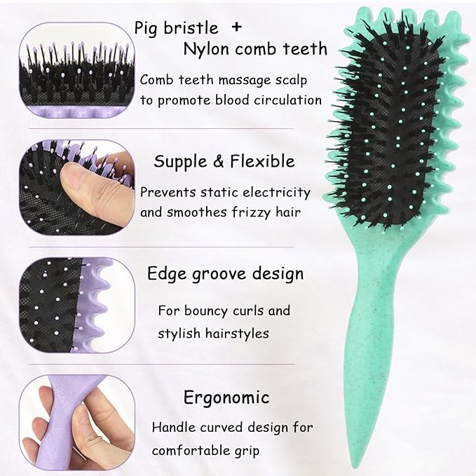 Curl Defining Brush, 1 PCS Curly Hair Brush, Brush for Curly Hair, for Combing and Shaping Men's and Women's Curls to Reduce Pulling (Green)