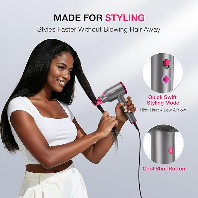 High-Speed Hair Dryer 110,000 RPM, 1875W Ionic & Plasma Blow Dryer with Diffuser, Concentrator & Comb, 550 Million Ionic Hairdryer with Cool Shot, Low-Noise CompactPro Travel & Salon – Gray