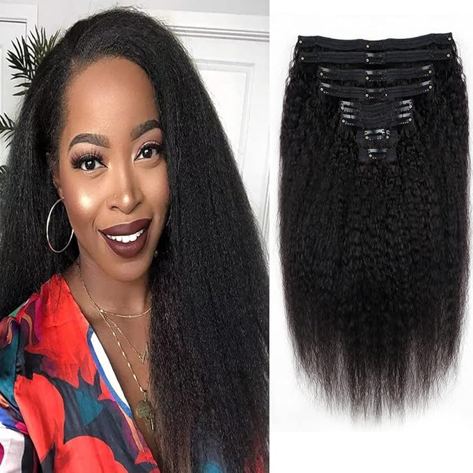 Kinky Straight Clip in Hair Extensions Real Human Hair 8Pcs Brazilian Human hair Clip ins for Black Women, Natural Soft Human Hair 120g 18inch #1B Natural Black