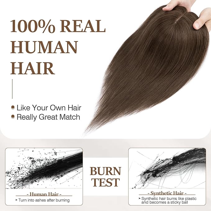 Rich Choices Hair Toppers for Women Real Human Hair 100% Human Remy Toppers NO Bangs for Women with Thinning on Top Clip in Hairpiece 4"x4.7"Lace Base 12 Inch #2R Chocolate Brown