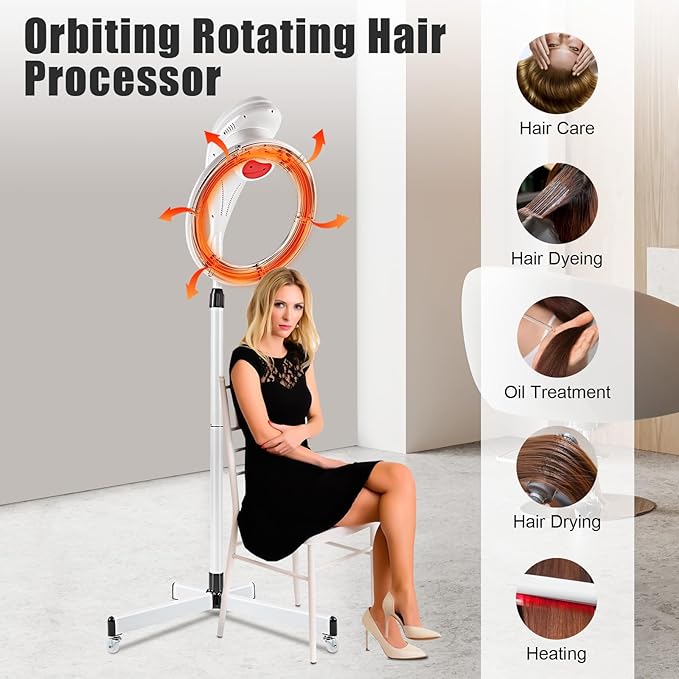 YIYIBYUS Stand Hair Dryer, Professional Orbiting Rotating Hair Processor Hair Dyeing, Oil Treatment, Hair Drying, Heating, Perm Styling for Salon SPA (White)
