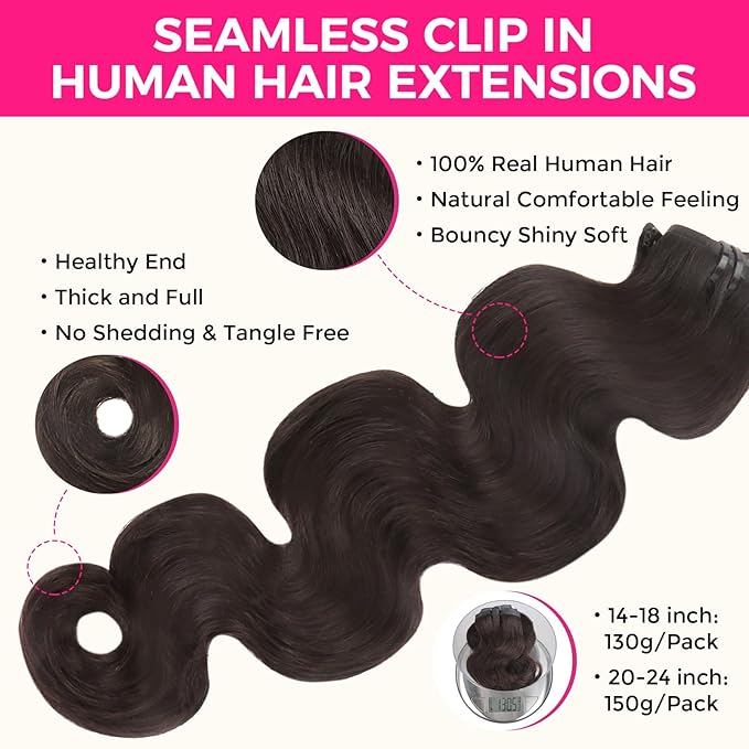 Lashey Seamless Clip in Hair Extensions Human Hair 150g 9pcs 20 Inch Body Wave #2 Dark Brown Clip in for Women PU Weft Hair Extensions