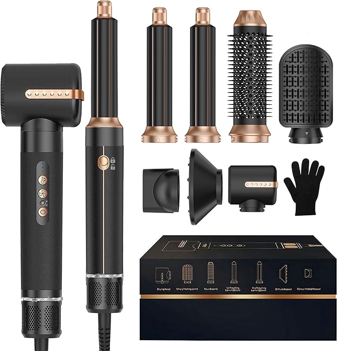 7 in ONE Hair Dryer Brush, Powerful Blow Dryer Brush with Air Curler for Hair, Brush Blow Dryer with Diffuser, Ionic Hot Air Brush Fast Dry, Volumize, Curls, Straight, Hair Styling Tools 100-120V