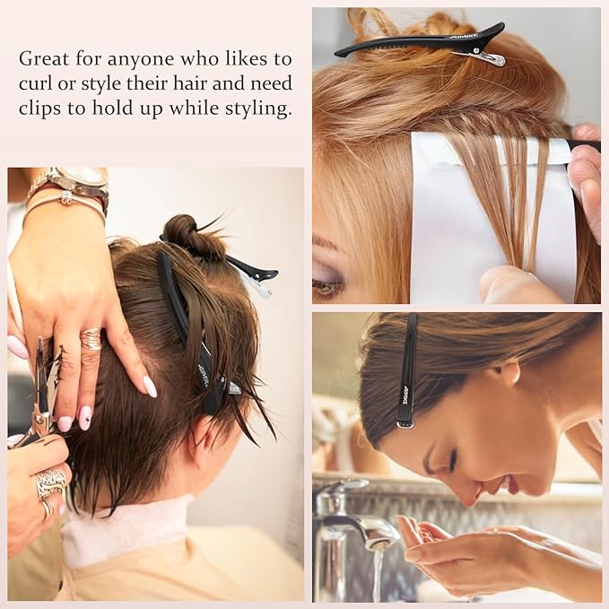 AIMIKE 12pcs Professional Hair Clips for Styling Sectioning, Non Slip No-Trace Duck Billed Hair Clips with Silicone Band, Salon and Home Hair Cutting Clips for Hairdresser, Women, Men -Black 4.3” Long