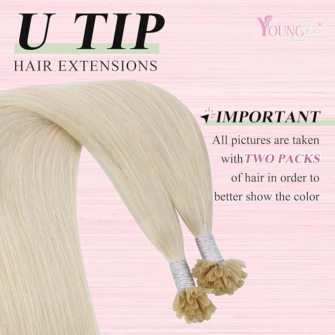 YoungSee U Tips Hair Extensions Human Hair Platinum Blonde Pre Bonded U Tip Blonde Hair Extensions Hot Fusion Real Hair Utip Extension Keratin Hair Extension Long Straight Add Length 22In 1G/S 50G