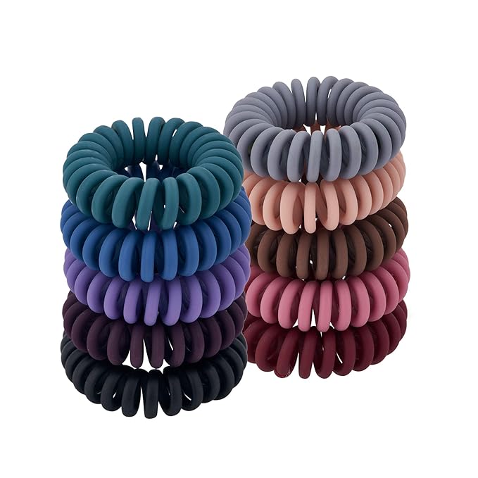 Matte Spiral Plastic Hair Ties (Colorful, 10 Pcs) - No Crease Ponytail Holders for Thick and All Hair Types