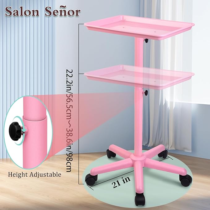 Salon Tray with Wheels,Height Adjustable Hair Color Service Tray for Spa,Tattoo,or Home Use,Pink