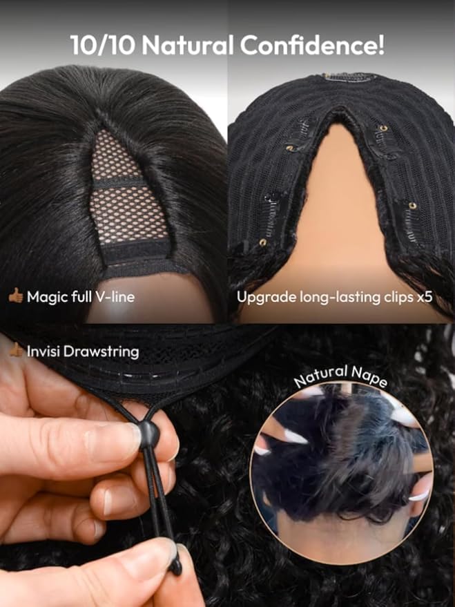 KLAIYI EasiContour V Part Wig Human Hair Body Wave Glueless Upgrade U Part Wig No Leave Out No Gel Clip in Half Wig V Shape Pull and Go Beginner Friendly Ready to Wear Natural Black Color 150% 24Inch