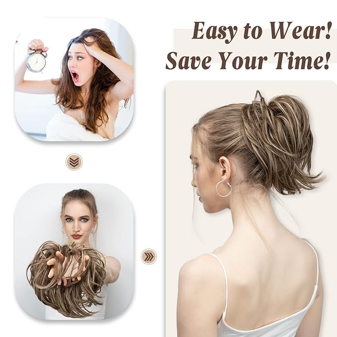 SARLA Messy Hair Bun Hair Pieces Curly Synthetic Updo Fake Scrunchies Ponytail Extension for Women Dirty Blonde 1PCS