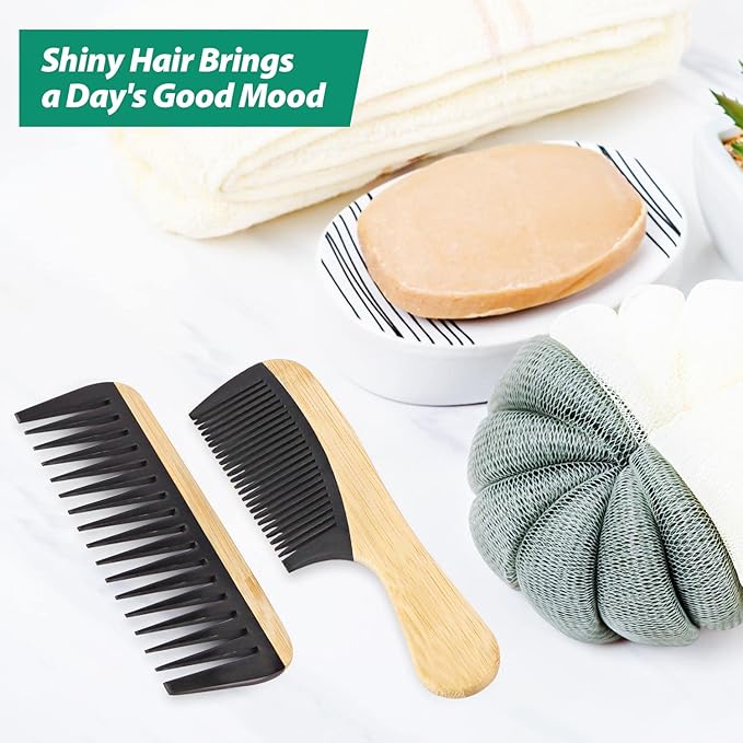 5 Pcs Handmade Bamboo Anti-Static Comb Set for Women and Men - Wide Tooth, Rat Tail, and Fine Tooth Combs for Long, Short, Thick, Thin, Wavy, and Curly Hair Detangling (Natural + Black)