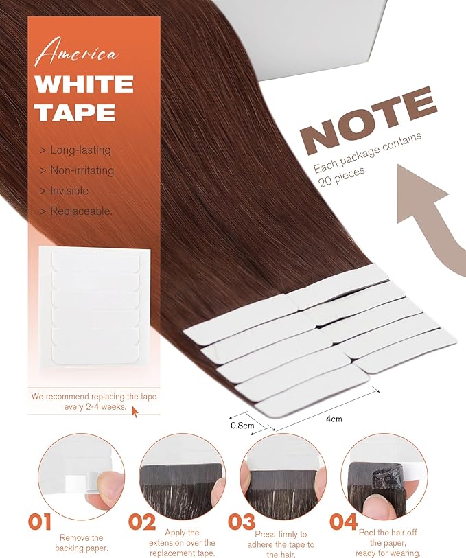 Sunny Hair Tape in Hair Extensions Real Human Hair Invisible Remy Hair Extensions Tape ins for Women Auburn Brown 14 inch 20Pcs 50G