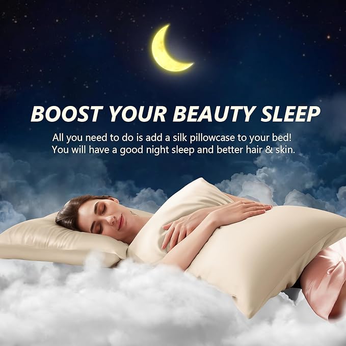 Silk Pillow Cases Standard Size 100% Mulberry Silk Pillowcase for Hair & Skin 22 Momme Both Sided Grade 6A Silk Cooling Soft Breathable 20 x 26 Inches with Hidden Zipper 1PC, Beige