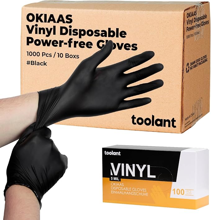 OKIAAS Black/Pink Vinyl Disposable Gloves Latex Free, Food Grade, 5 mil, Cooking, Cleaning, Hair Dye, 50/100/200/1000 Count