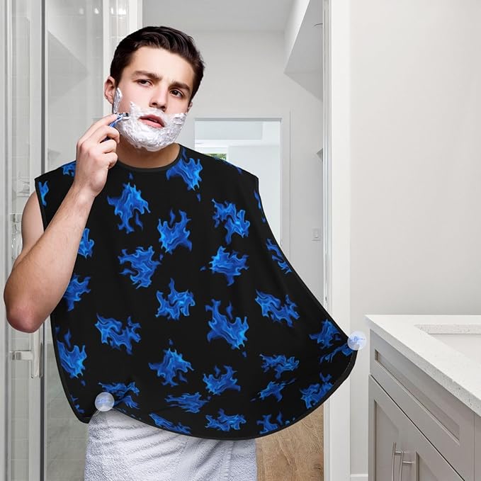 Beard Apron Hair Catcher, Blue Fire Shave Bib, Waterproof Non-Stick Shaving Bib, Trimming Grooming Tool for Dad Men Anniversary