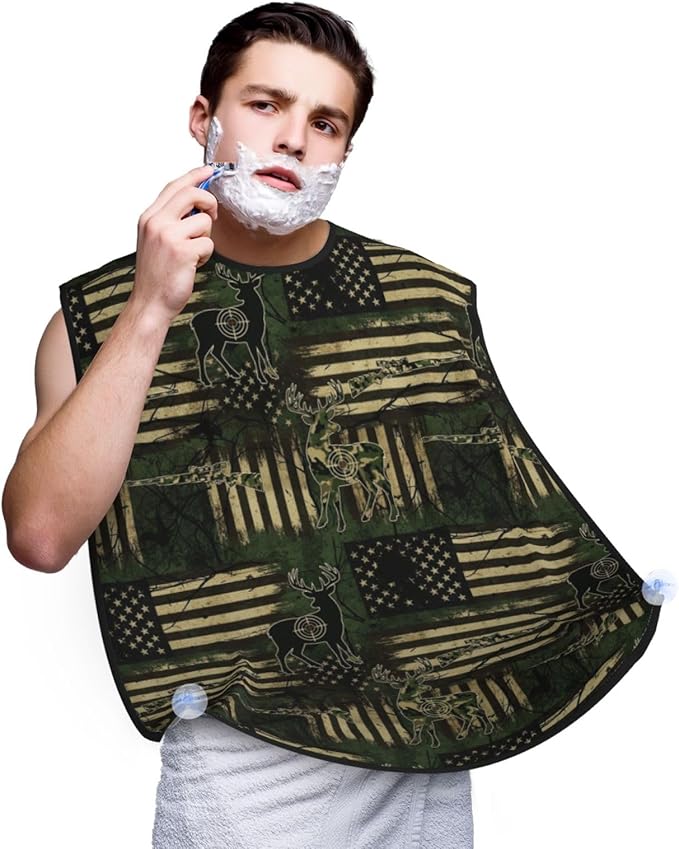 Adjustable Beard Bib, Non-Stick Hair Catcher Cape for Men's Shaving, Waterproof with 2 Suction Cups, Camouflage Hunting Deer Camo American Flag Shave Bib