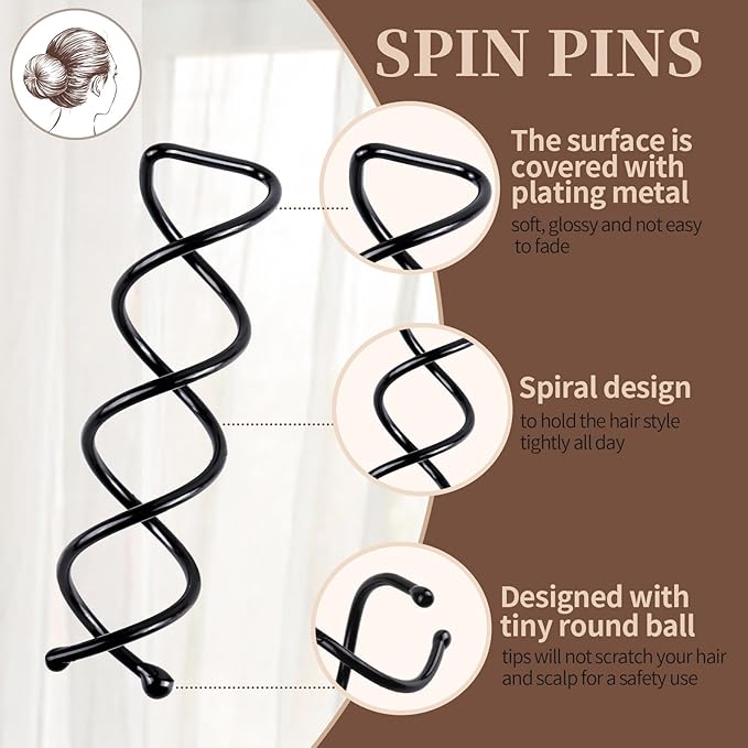 20PCS Spiral Hair Pins, Spin Pins Spiral Bobby Pins for Girls, Women and Kids, Non-Scratch Round Clip & Bun Twist, Stylish Bun Bobby Pins, Premium Spin Pins for Hair, Black