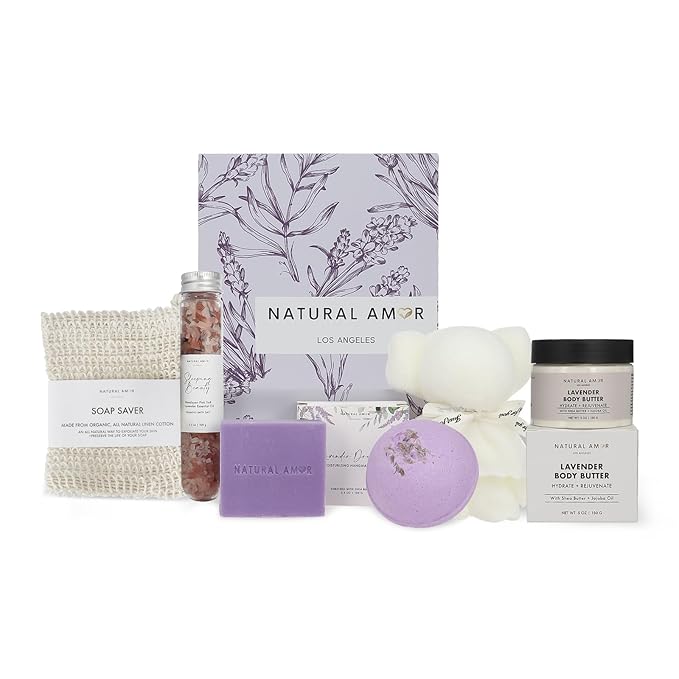 Natural Amor Lavender Spa Gift Set 6 PCs– Handmade Self-Care Box with Body Butter, Bath Bomb, Soap, Bath Salt, and More – Relaxing Lavender Gift for Women