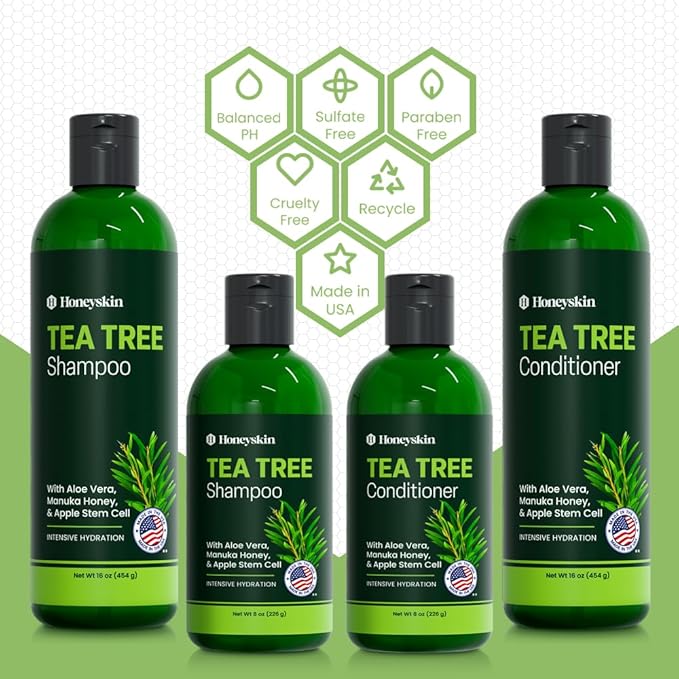 Tea Tree & Honey Shampoo & Conditioner Set - Dandruff Treatment With Organic Tea Tree Oil - Itchy Scalp Treatment for Women & Men - Sulfate and Paraben Free With Manuka Honey Aloe Vera & Coconut (8oz)