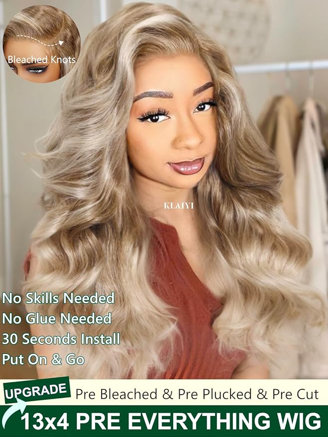 KLAIYI Ombre Ash Blonde Loose Body Wave Pre Everything Glueless 13x4 Lace Front Wigs Human Hair Balayage Precut Pre Plucked Bleached Bye Bye Knots 30S Ready to Wear and Go Wig Beginner Friendly 20Inch