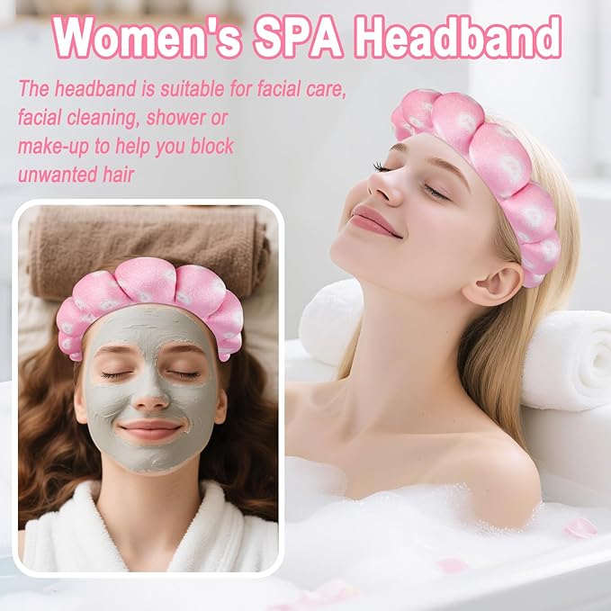 Zkptops Spa Headband for Washing Face Wristband Set Sponge Makeup Skincare Velvet Fabric Bubble Soft Get Ready Hairbands for Women Puffy Headwear Non Slip Thick Thin Hair Accessory (Pink Nuts)