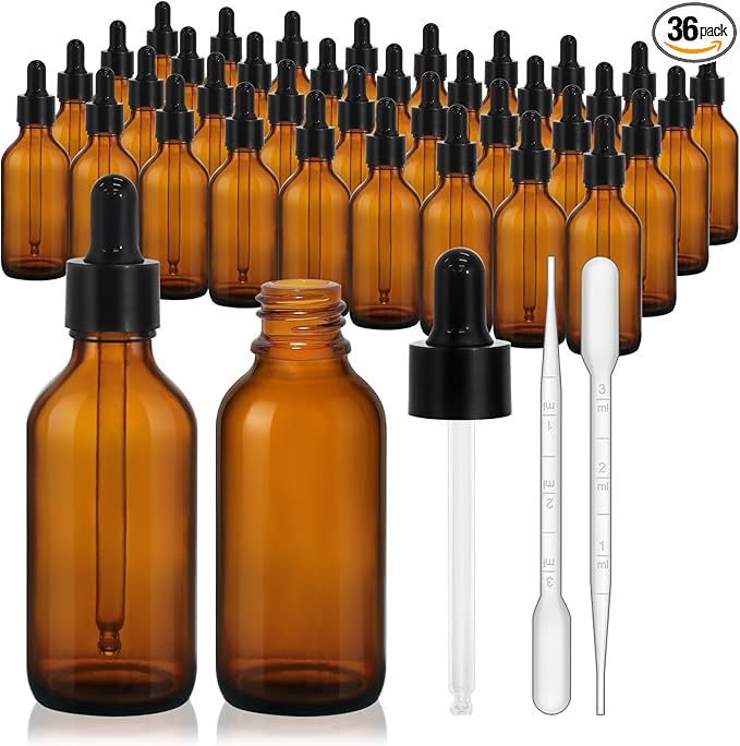 KEYWING 36Pack 2oz Dark Amber Dropper Bottles - 60ml Tincture Bottles with Eye Dropper for Essential Oils, Perfume, Hair Oil, Liquids - Leak Proof Travel Bottle