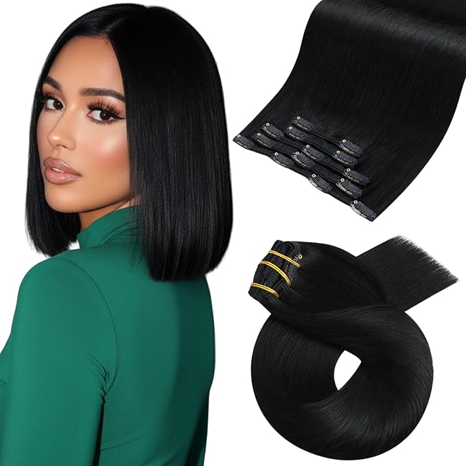 Moresoo Clip in Hair Extensions Remy Double Weft Human Hair Clip in Extensions Straight Hair Extensions for Women Jet Black #1 5pcs 80g 14inch