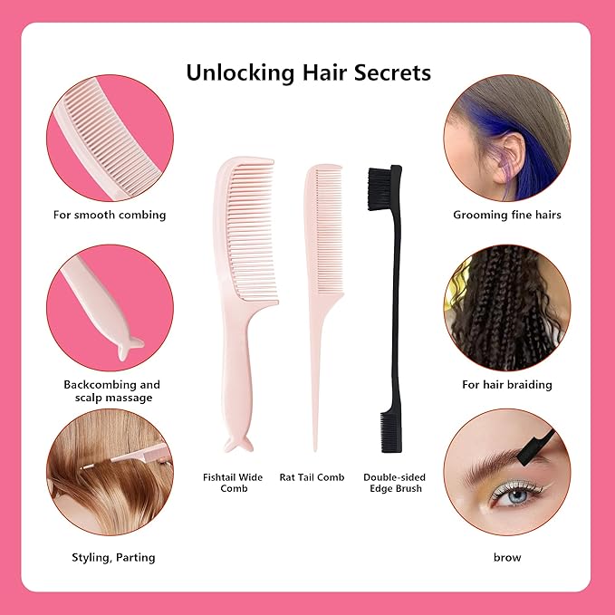 Hair Brush Set, Professional Styling Tools with Combs and Accessories, Pink, Gift Box Included (Pink Brush+Pink Comb)
