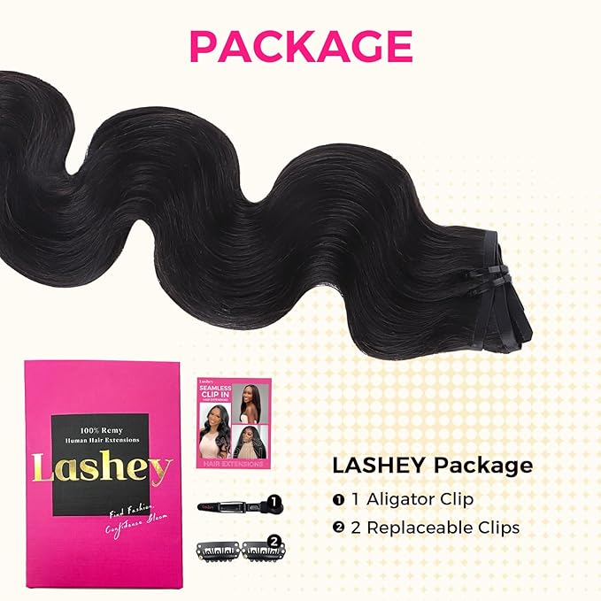 Lashey Seamless Clip in Hair Extensions Human Hair 9pcs Body Wave #1 Jet Black 150g 24 Inch Clip in Hair Extensions with PU Soft Invisi Edge for Women