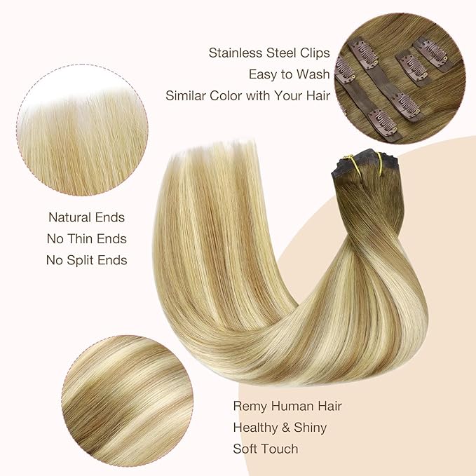 GOO GOO Clip in Hair Extensions Real Human Hair, Remy Human Hair Extensions Clip ins for Women, Natural Human Hair, 20inch 110g 7Pcs, 5A/90/16F Bahamian Balayage