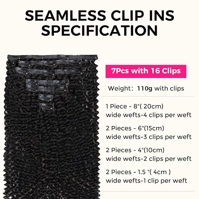 Lashey Kinky Curly Clip in Hair Extensions 110g 7pcs 18 Inch Natural Black Seamless Clip ins Hair Extensions Real Human Hair Soft Invisible Clip ins for Black Women