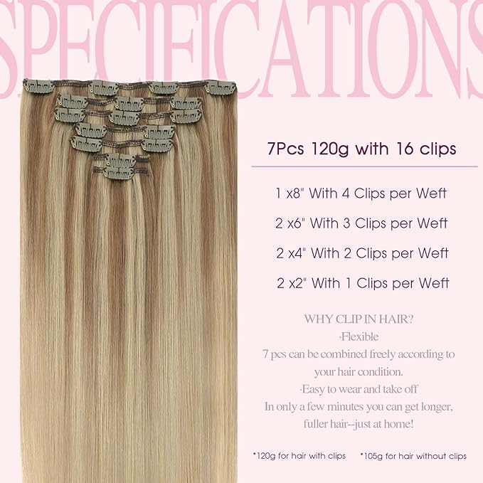 PINKPEARL Clip in Hair Extensions Real Human Hair #10/16/16 Golden Brown to Caramel Blonde Human Hair Clip in Hair Extensions 7pcs 120g 20inch Human Hair Extensios Clip ins(#10/16/16-20)