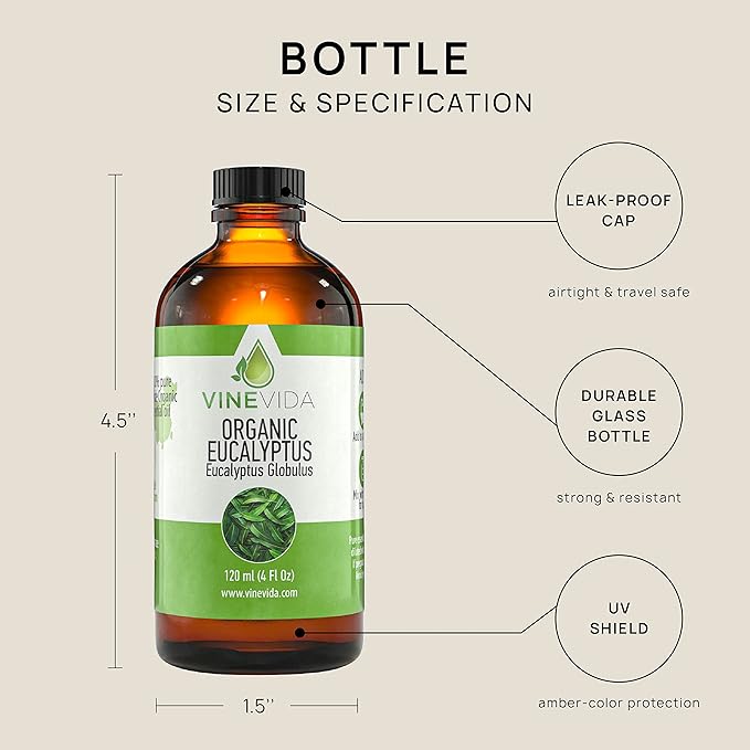 VINEVIDA Organic Eucalyptus Essential Oil 4 oz - Undiluted Organic Eucalyptus Oil 4 oz - DIY Candle Scents for Candlemaking - Bulk Essential Oil for Soap Making (4OZV-OBP-ORG-EUC-120ML)