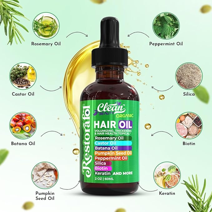 Clean Beauty Rosemary Hair Oil For Growth with Castor Oil Batana Oil Pumpkin Seed Oil Peppermint Oil Silica Biotin Collagen Keratin Saw Palmetto Horsetail Tea Tree Vit E Aloe Vera Jojoba (1 Pack)