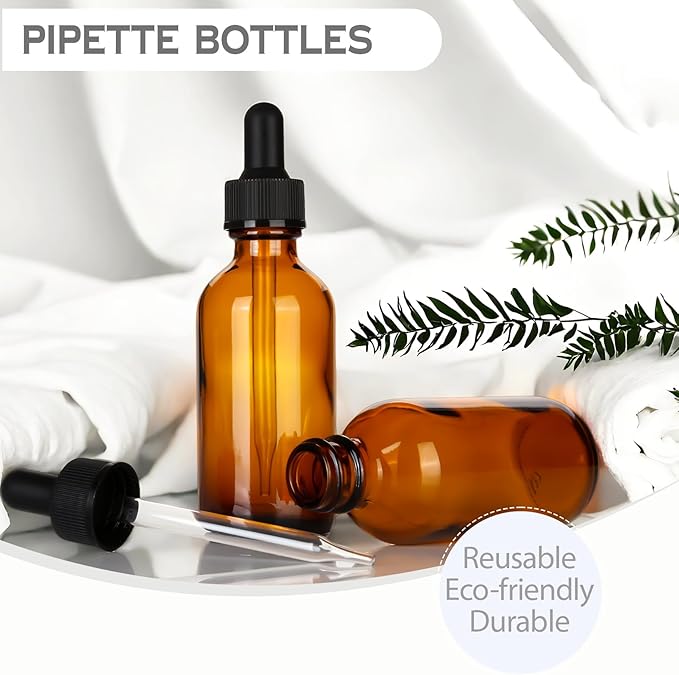 2 oz Amber Glass Dropper Bottles,4 Pack 60ml Empty Reusable Leak Proof Thick Tincture Bottles for Essential Oils,Hair Oil,Liquids,Laboratory,Pharmacist Bottle,Massage,Perfumery Aromatherapy
