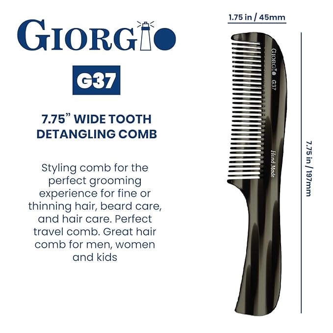 Giorgio G37 Large Coarse Detangler Comb, Wide Teeth for Thick, Curly, or Wavy Hair – For Wet and Dry Use, Handmade Rake Saw-Cut from Polished Cellulose (Black Graphite)