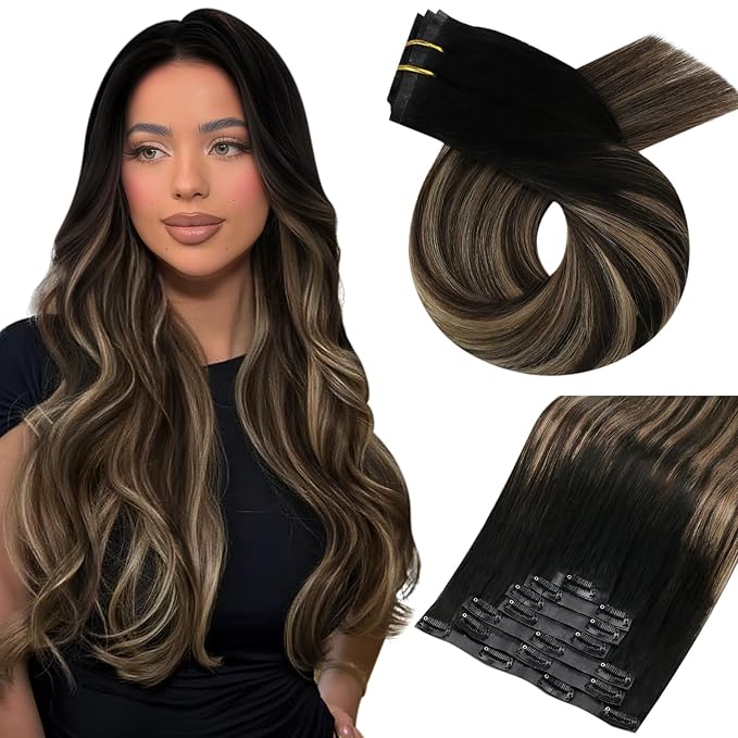 Moresoo Seamless Clip in Hair Extensions Human Hair Balayage PU Real Hair Extensions Clip in Human Hair Ombre Black to Brown Mix Caramel Blonde Full Head 7pcs 120g 18Inch