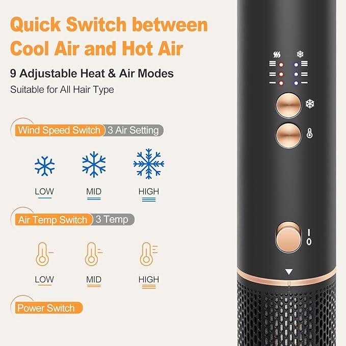 Hair Styler Hair Dryer Brush - 110,000 RPM High-Speed Hot Air Styler,Multi Stylers with Auto-Wrap Curler, Professional Blow Dryer Brush for Fast Curling Volumizing Straightening Styling(Black-Golden)