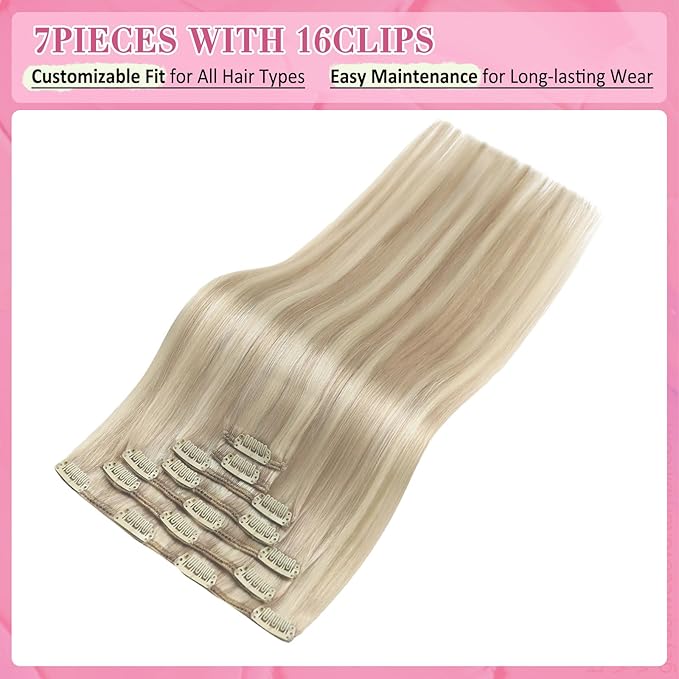 YoungSee Blonde Hair Extensions Clip ins Ash Blonde Human Hair Clip in Extensions Highlights Bleach Blond Clip in Hair Extensions Real Human Hair for Full Head 20 inch 100G 7Pcs