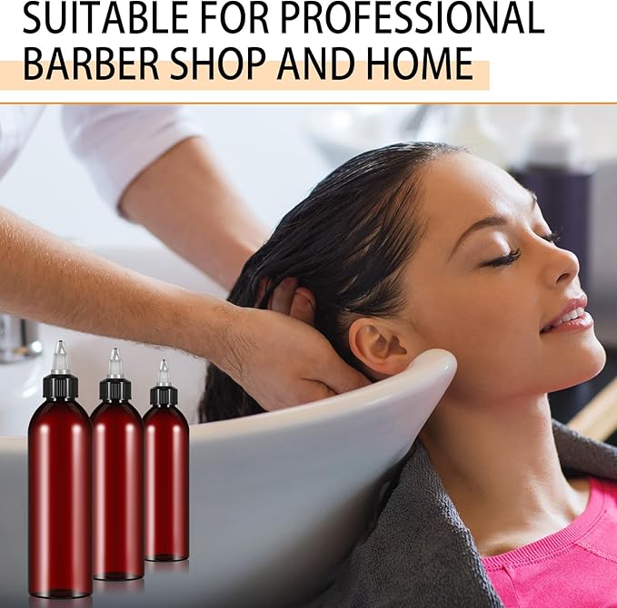Barydat 6 Pcs 8 oz Squeeze Bottle Twist Top Applicator Bottles Empty Hair Oil Bottle with Funnels Refillable Amber Plastic Bottles for Liquid Hair Oil Shampoo Lotion