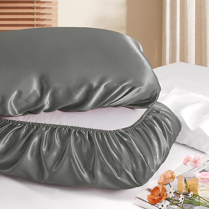 Manyshofu Satin Pillowcases for Hair Protection - 1Pcs Grey Pillow Cases, Elastic Band Standard & Queen Satin Pillowcases Luxury Silky Pillow Cases Travel Pillow Covers