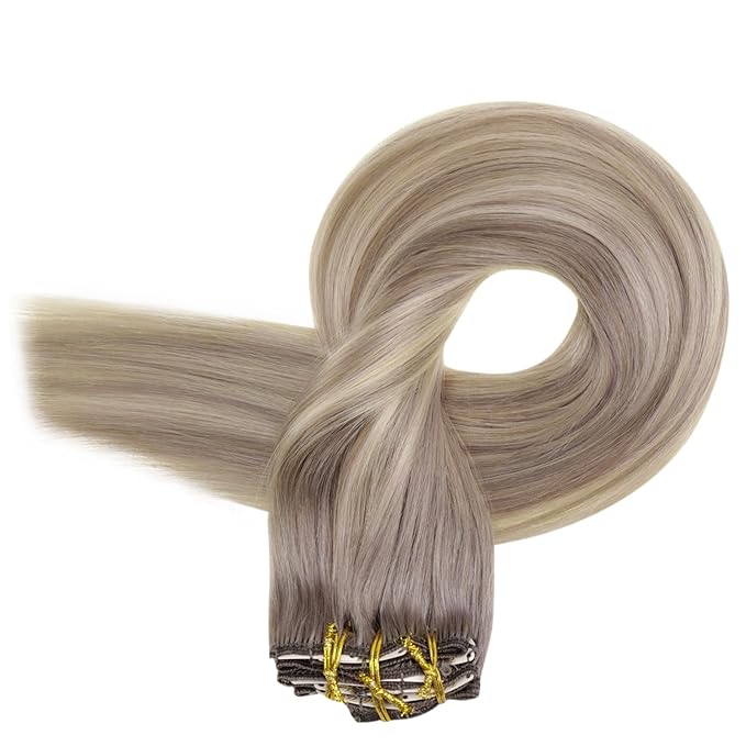 Full Shine Short Clip in Hair Extensions Human Hair Grey Blonde 12 Inch Double Weft Clip in Extensions for Women Balayage Remy Hair Extensions Real Human Hair 7 Pcs 95 G