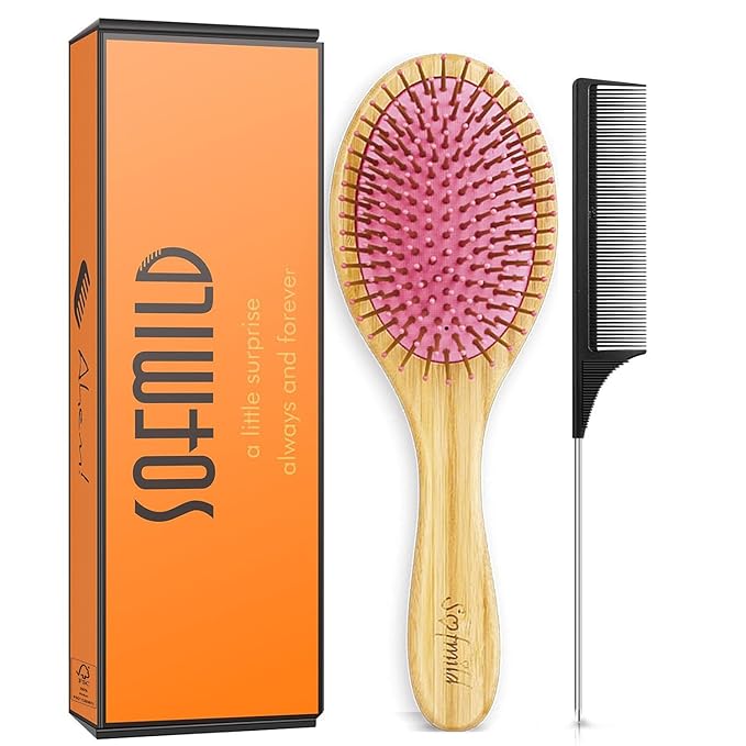 Sofmild Bamboo Wooden Paddle Hair Brush Comb Set, Hairbrushes for Women Men Kid Detangling Hair Massaging Scalp with Round Tip Bristles for All Hairstyles (Pink Wooden)