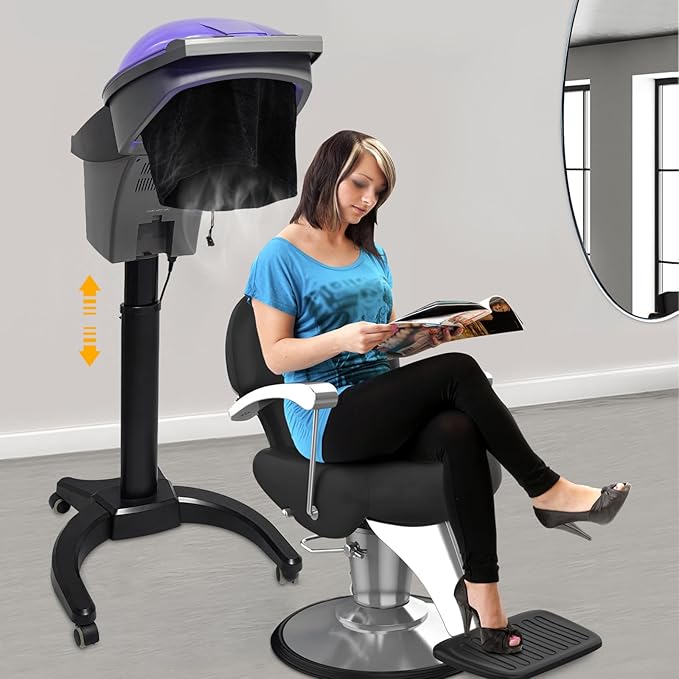 Professional Standing Hair Steamer for Salon & Home, 700W Ozone Steam Therapy with Light Scalp Care, Adjustable Height Hooded Dryer with 7 Light, Auto Shut-Off (White)