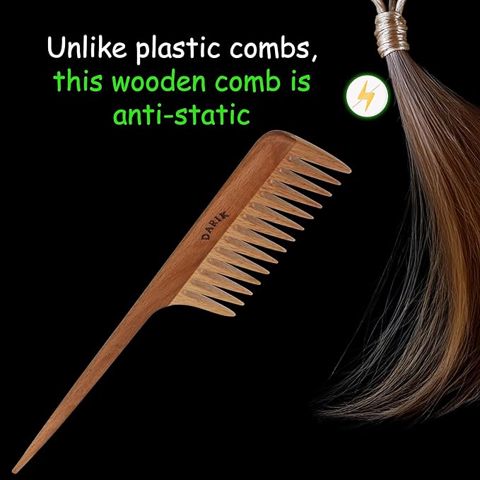 Wide Tooth Wooden Comb Handmade - Natural Vintage Style Wide Tooth Comb for Curls Gentle Styling - Anti-Static Wood Hair Combs For Women Detangling (Wide Tooth Tail Comb)