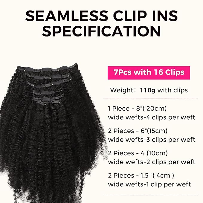 Lashey Seamless Clip in Hair Extensions Human Hair 110g 7pcs Afro Kinky Curly Clip in Hair Extensions 22 Inch Natural Black Color Hair Extension Clips