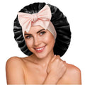 YFONG 100% 22 Momme Mulberry Silk Bonnet for Sleeping Women, Larger Double Layer Silk Hair Wrap for Curly Short Long Hair, Non-Slip Sleep Cap Turban with Elastic Tie Band (Pink & Black)